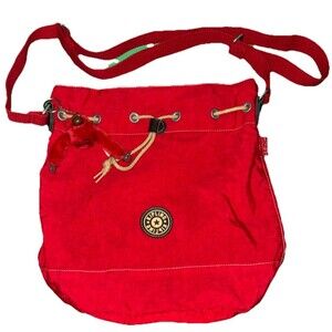 KIPLING VINTAGE Y2K RED Messenger Travel Cross Body W/ Monkey Fuzzy Key Chain